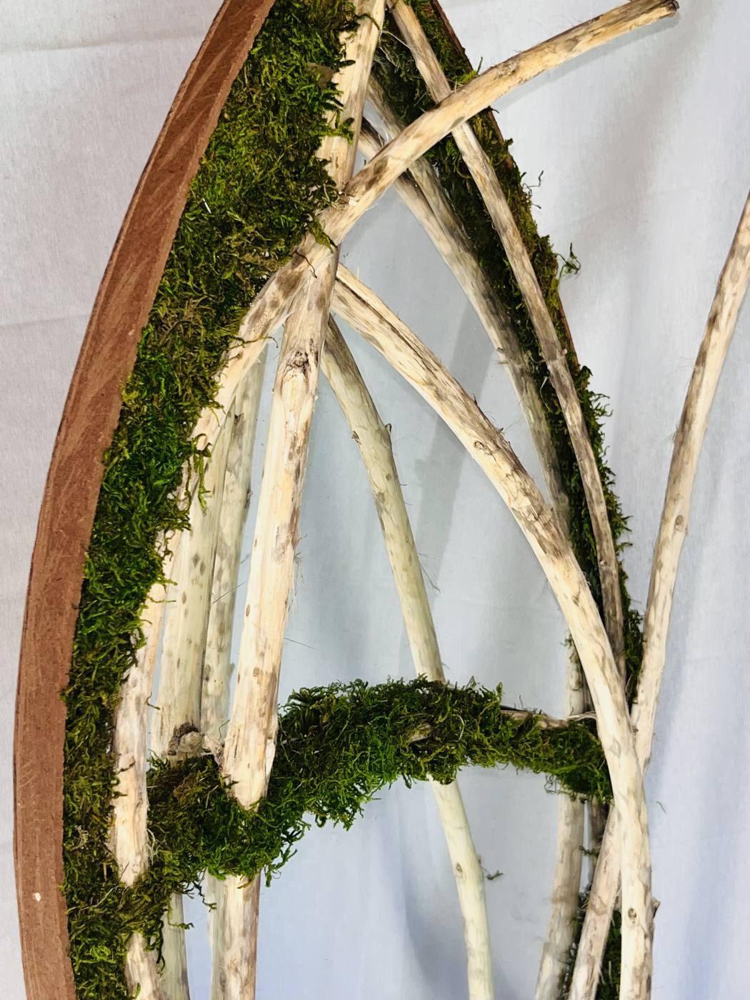 Close detail where the branches meet and the moss runs along the frame.
